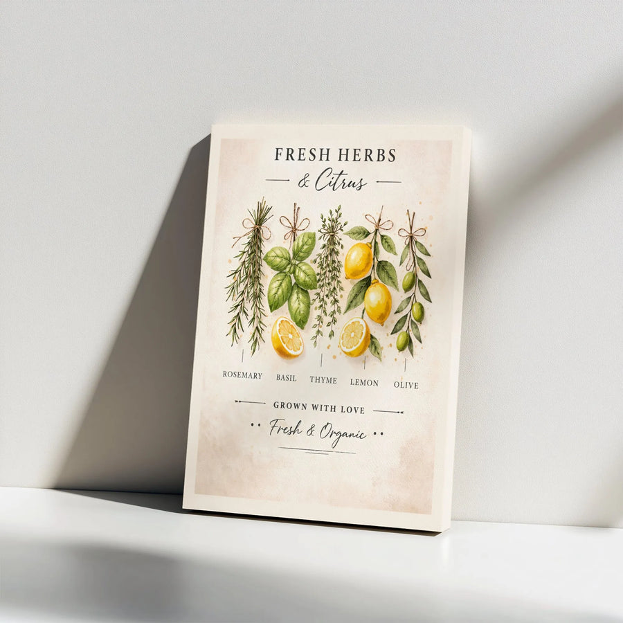 Vintage Herbs and Citrus Vertical Canvas | Botanical Kitchen Wall Art Print | Premium Fade-Resistant Gallery Wrap | Farmhouse Housewarming Gift
