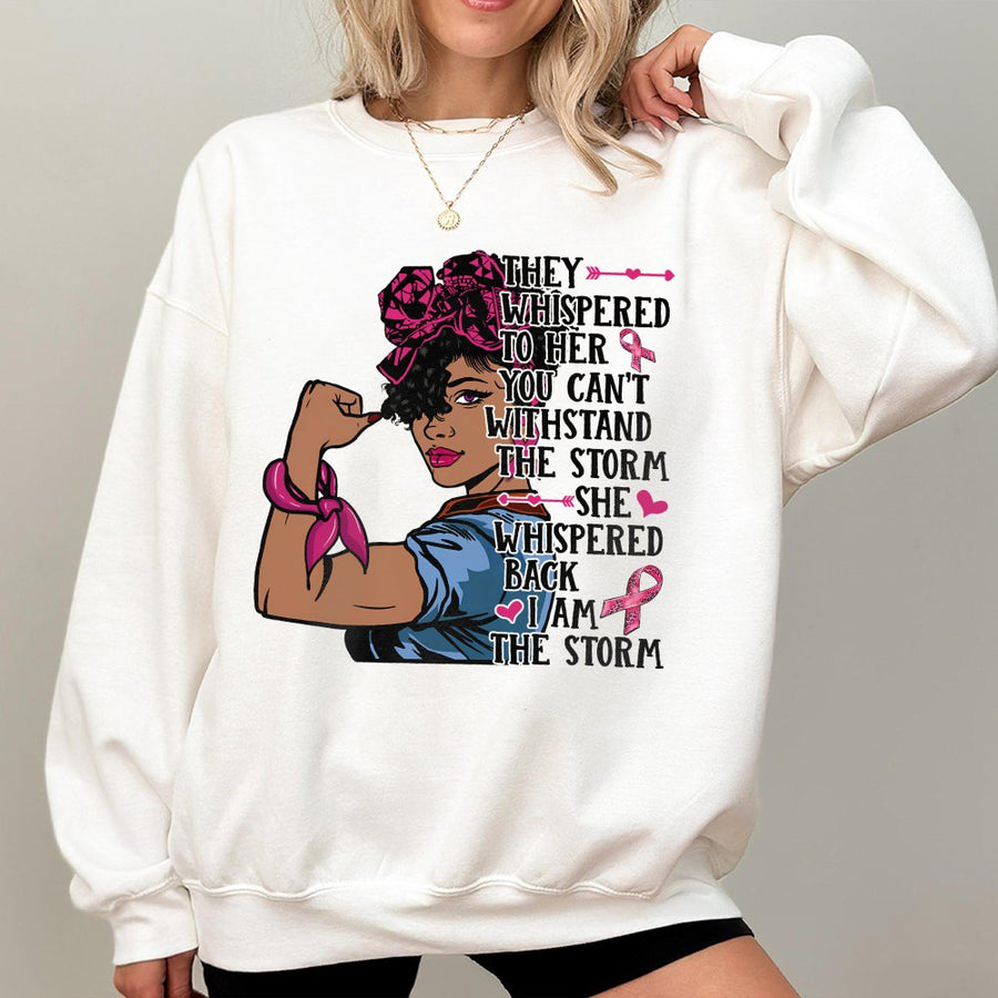 I Am The Storm Breast Cancer Sweatshirt | Black Afro Woman Strong Design | Premium Cotton Blend | Inspiring Pink Ribbon Survivor Gift
