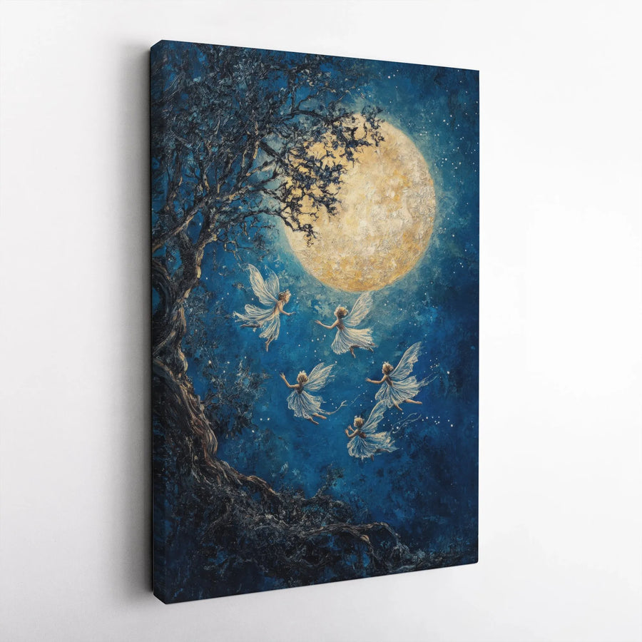 Fairy Wall Art Canvas | Magical Forest Full Moon Night Scene | Premium Fade-Resistant Print | Whimsical Nursery & Home Decor Gift