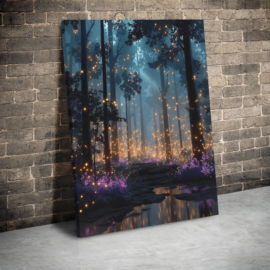 Enchanted Forest Canvas Wall Art | Glowing Fireflies Fantasy Landscape | Premium 1.25-Inch Gallery Wrap | Magical Nature Home Decor Gift