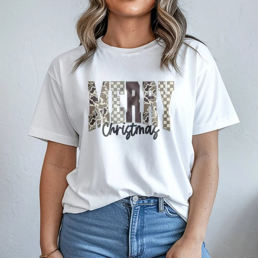 Merry Christmas Camo T-Shirt | Distressed Camouflage Lettering | Soft 100% Cotton Premium Tee | Festive Holiday Gift for Hunters and Outdoorsmen