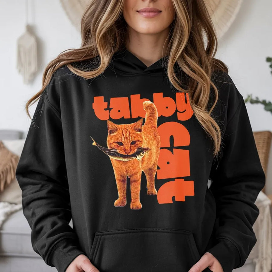 Tabby Cat Hoodie | Funny Orange Kitten Eating Fish Graphic | Premium Cotton Blend Sweatshirt | Unique Animal Lover Gift for Cat Mom