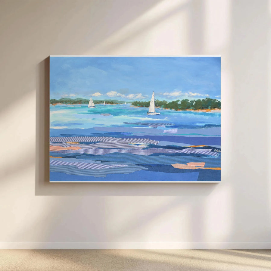 Coastal Sailboat Canvas Print | Modern Abstract Seascape with Striped Water Detail | Premium Gallery Wrapped Art | Nautical Wall Decor for Living Room