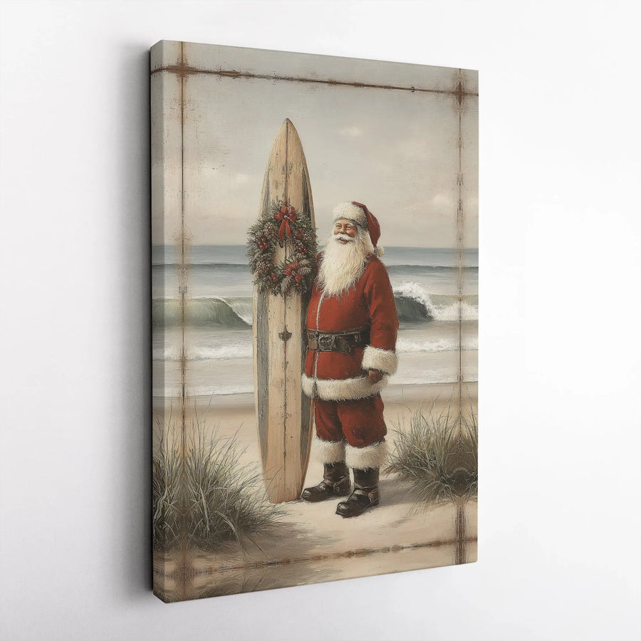 Coastal Santa Claus Canvas Wall Art | Vintage Surfing Santa Decor | Premium Gallery-Wrapped Print | Christmas Gift for Beach Lovers