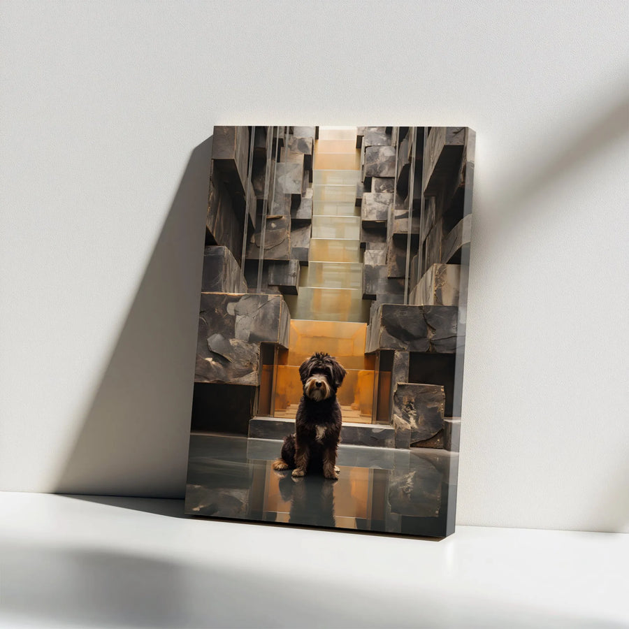 Modern Dog Wall Art | Shaggy Puppy on Abstract Stone Staircase | Premium Gallery Wrap Canvas | Unique Home Office Decor Gift