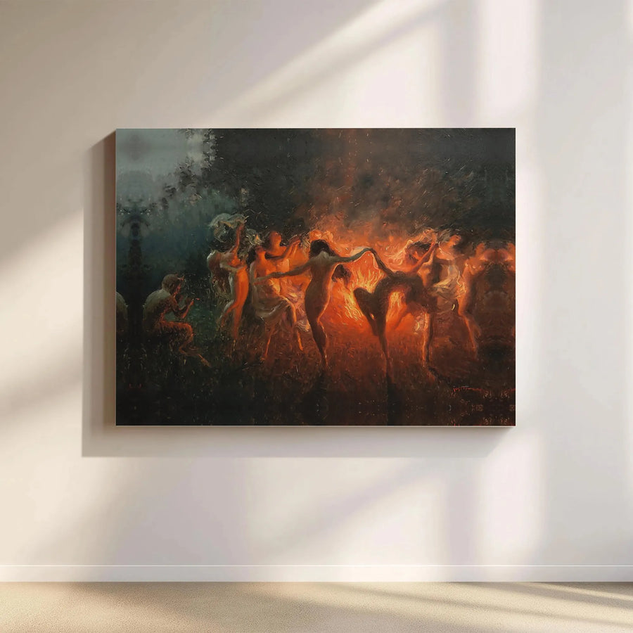 Witches Dancing Around Bonfire Canvas Print | Dark Fantasy Sabbath Wall Art | Premium Gallery Wrap Decor | Occult Aesthetic Home Gift