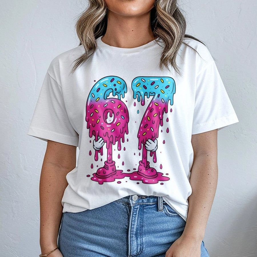Number 67 T-Shirt | Dripping Donut Graphic Design | Premium Cotton Apparel | Funny Birthday Gift for Sports Fans