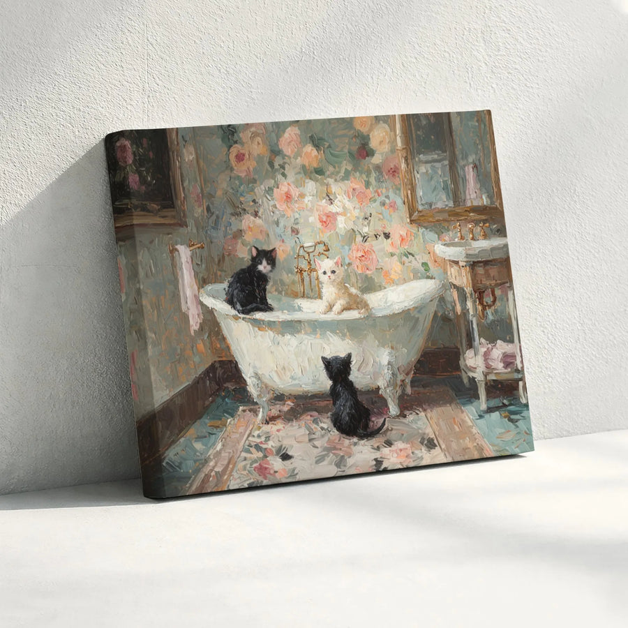Kittens in Clawfoot Bathtub Canvas Art | Impressionist Floral Bathroom Wall Decor | Premium Fade-Resistant Gallery Print | Whimsical Cat Lover Gift