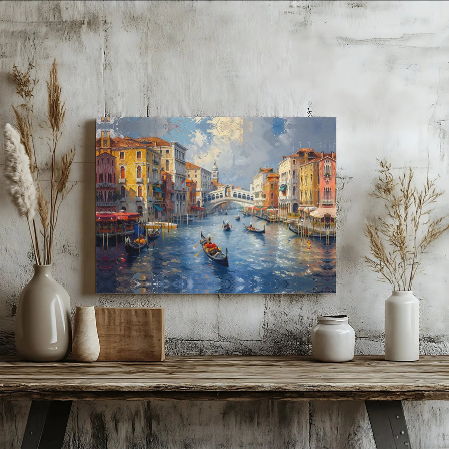 Venice Grand Canal Canvas Wall Art | Impressionist Rialto Bridge Gondola Painting | Gallery Wrap Wooden Frame | Italian Home Decor Gift