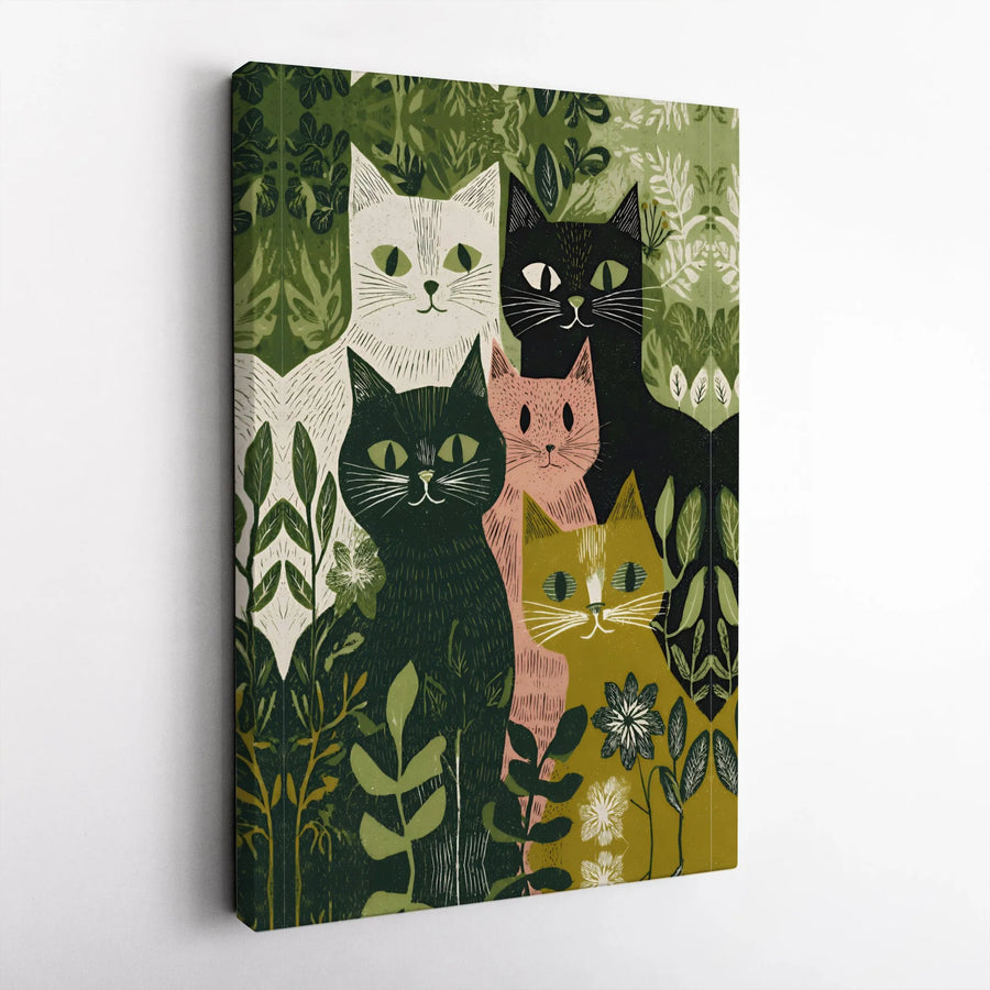 Folk Art Cat Canvas Wall Art | Linocut Style Botanical Print | Thick Gallery Wrap Canvas | Bohemian Home Decor Gift for Cat Lover