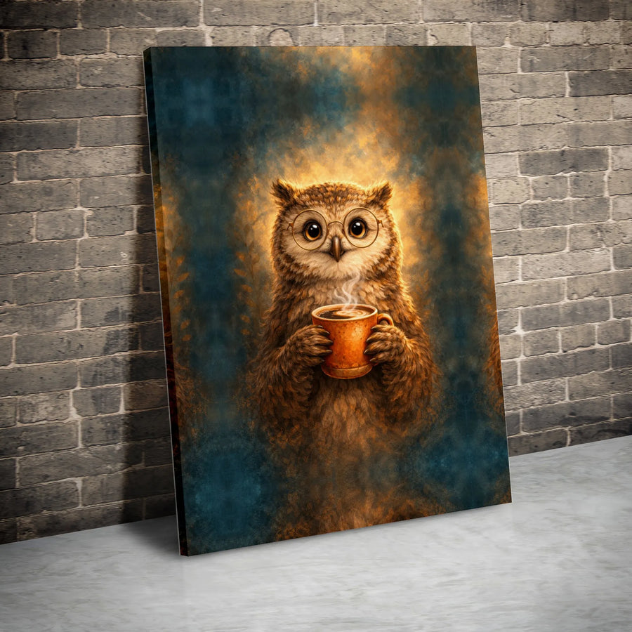 Coffee Loving Owl Canvas Wall Art | Whimsical Animal Painting with Glasses | Premium Gallery Wrapped Art | Gift for Coffee Lover, Kitchen & Cafe Decor