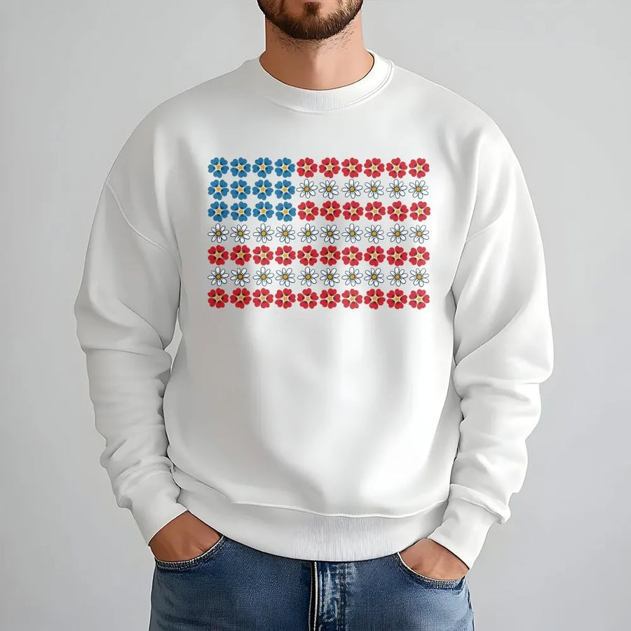 Floral American Flag Sweatshirt | Dainty Flower USA Flag Graphic | Soft Cotton Tee | Patriotic 4th of July Gift for Women
