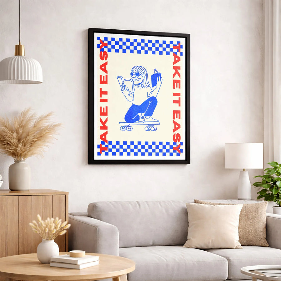 Take It Easy Canvas Wall Art | Retro Skater Reading Book Print | Gallery-Quality 1.25" Profile | Modern Aesthetic Decor for Book Lovers