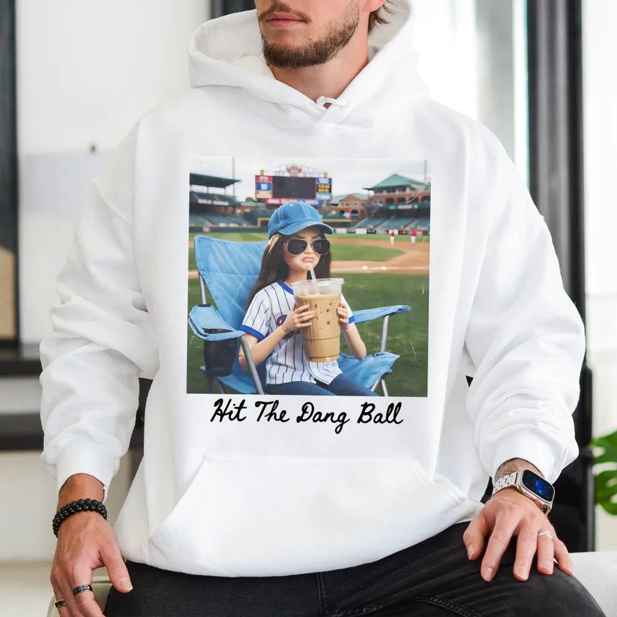Funny Baseball Mom Hoodie | Hit The Dang Ball Graphic Tee with Doll Drinking Coffee | Soft Cotton Game Day Apparel | Gift For Softball Mama