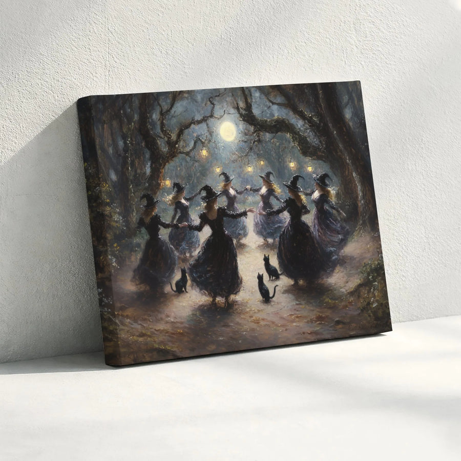 Witches Dancing Canvas Wall Art | Moonlight Forest Witchy Decor | Gallery-Wrapped Premium Print | Spooky Halloween Gift for Her