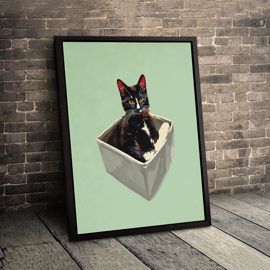 Tuxedo Cat In A Box Wall Art | Modern Minimalist Pet Portrait | Premium Fade-Resistant Canvas | Unique Gift For Cat Lovers