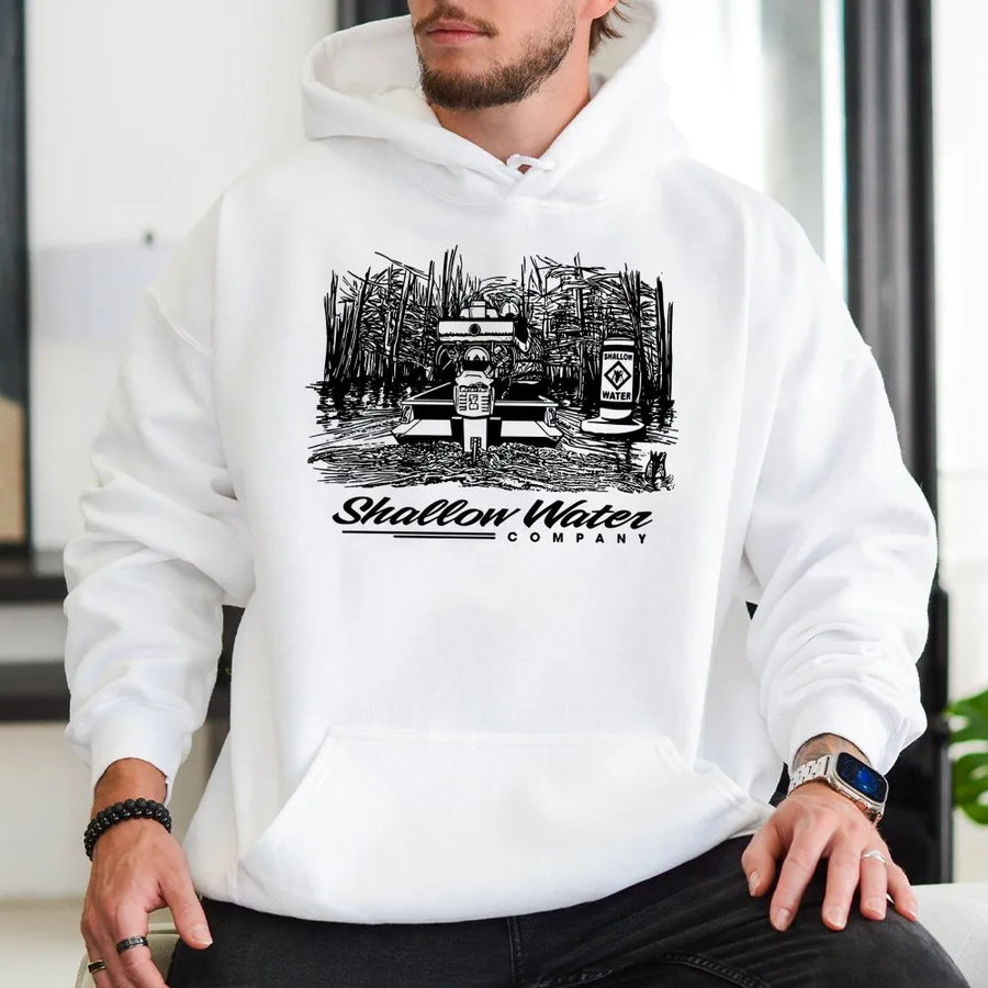 Shallow Water Boat Hoodie | Marsh Duck Hunting Graphic Design | Premium Cotton Blend | Outdoor Lifestyle Gift For Outdoorsmen