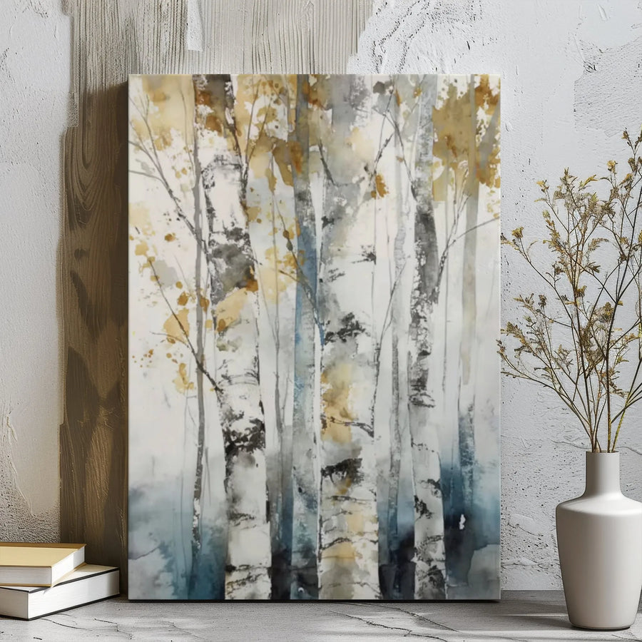 Abstract Birch Tree Canvas Wall Art | Watercolor Forest Landscape with Gold Accents | Premium Gallery Wrapped Decor | Modern Home Office Gift