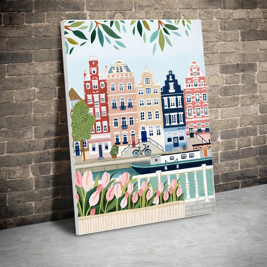 Amsterdam Wall Art Canvas Print | Colorful Dutch Canal Houses with Tulips | Premium Gallery Canvas | Netherlands Travel Souvenir Gift for Her
