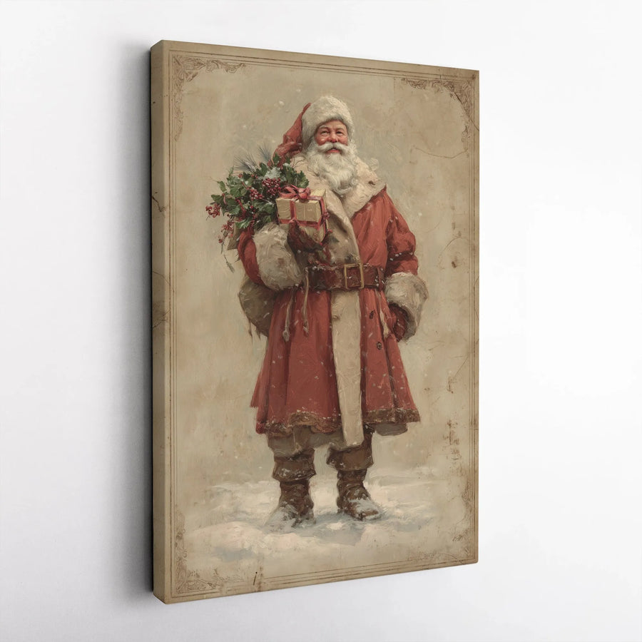 Vintage Santa Claus Wall Art | Traditional Christmas Portrait with Holly | Premium Gallery-Wrapped Canvas | Holiday Home Decor Gift