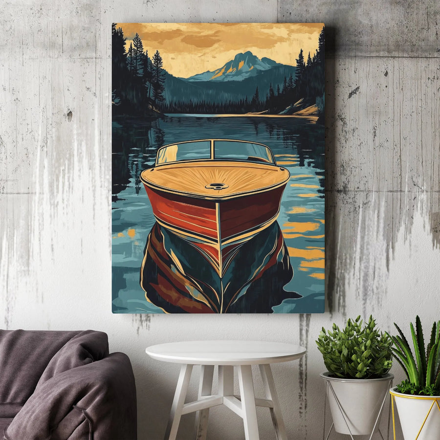 Vintage Wooden Boat Canvas Wall Art | Serene Mountain Lake Landscape | Gallery Wrap 1.25 Inch Wood Frame | Nature Lover Home Office Decor Gift