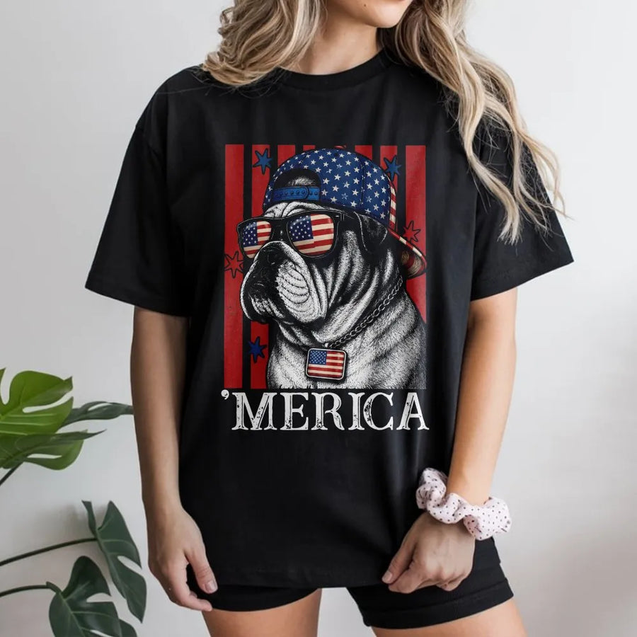 Patriotic Bulldog T-Shirt | Funny American Flag Dog Graphic | Premium Cotton Tee | 4th of July Gift for Dog Lover