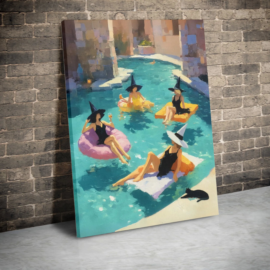 Witchy Pool Party Canvas Wall Art | Modern Coven Painting Print | Premium 1.25" Thick Gallery Wrap | Spooky Chic Home Decor Gift