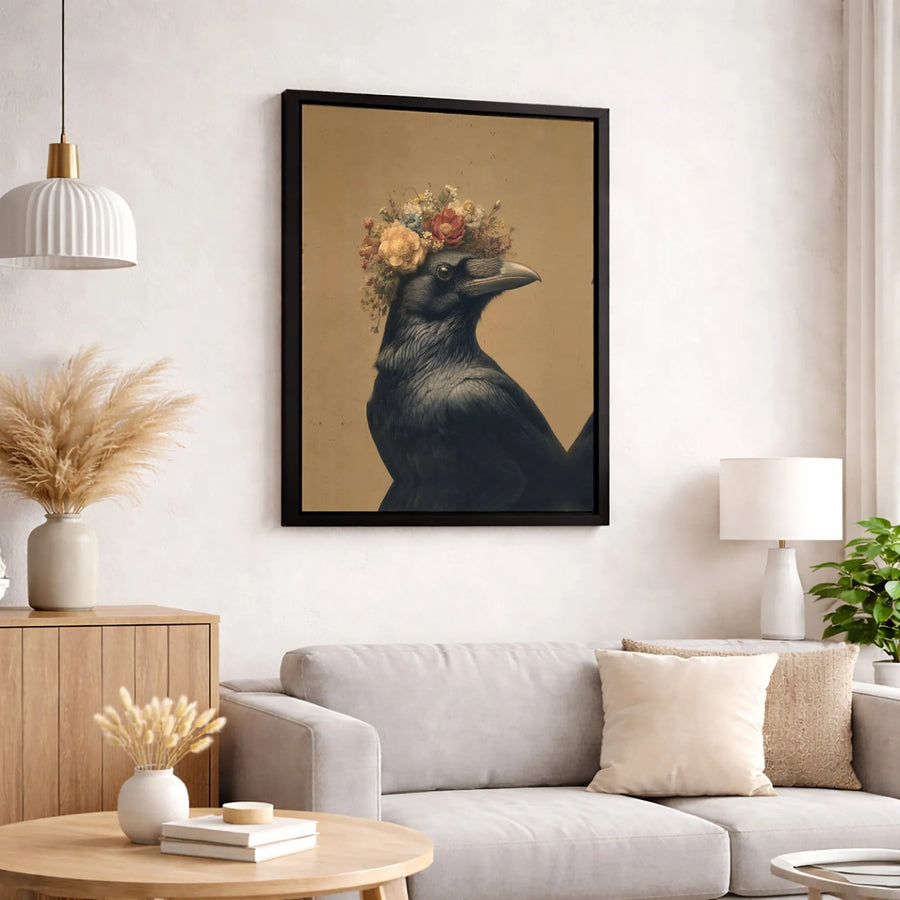 Raven Wall Art Canvas | Vintage Crow Portrait with Floral Crown | Premium Gallery Wrap Print | Dark Academia Home Decor