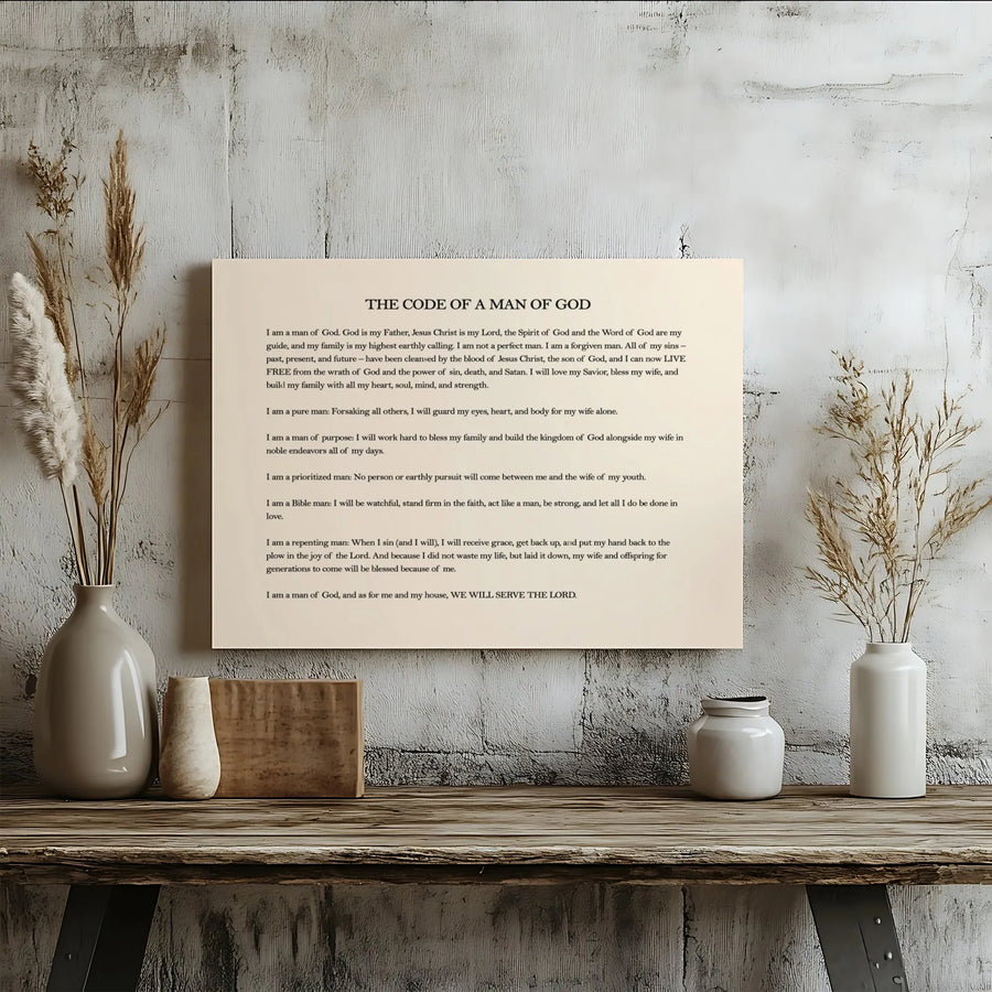 The Code Of A Man Of God Canvas | Religious Wall Art Quote | Premium Gallery Wrapped Print | Christian Gift For Men Or Husband
