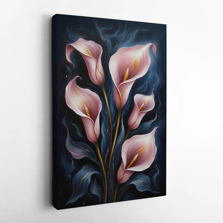 Pink Calla Lily Canvas Wall Art | Elegant Floral Painting with Gold Stems | Premium Gallery Wrap Decor | Sophisticated Botanical Home Gift