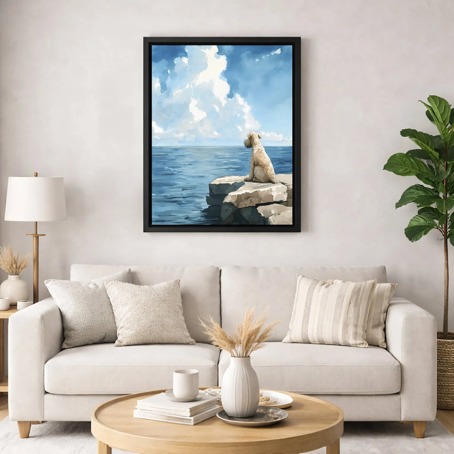 Dog Ocean Canvas Wall Art | Watercolor Coastal Scenery | Premium 1.25 Inch Gallery Wrap | Peaceful Pet Home Decor Gift