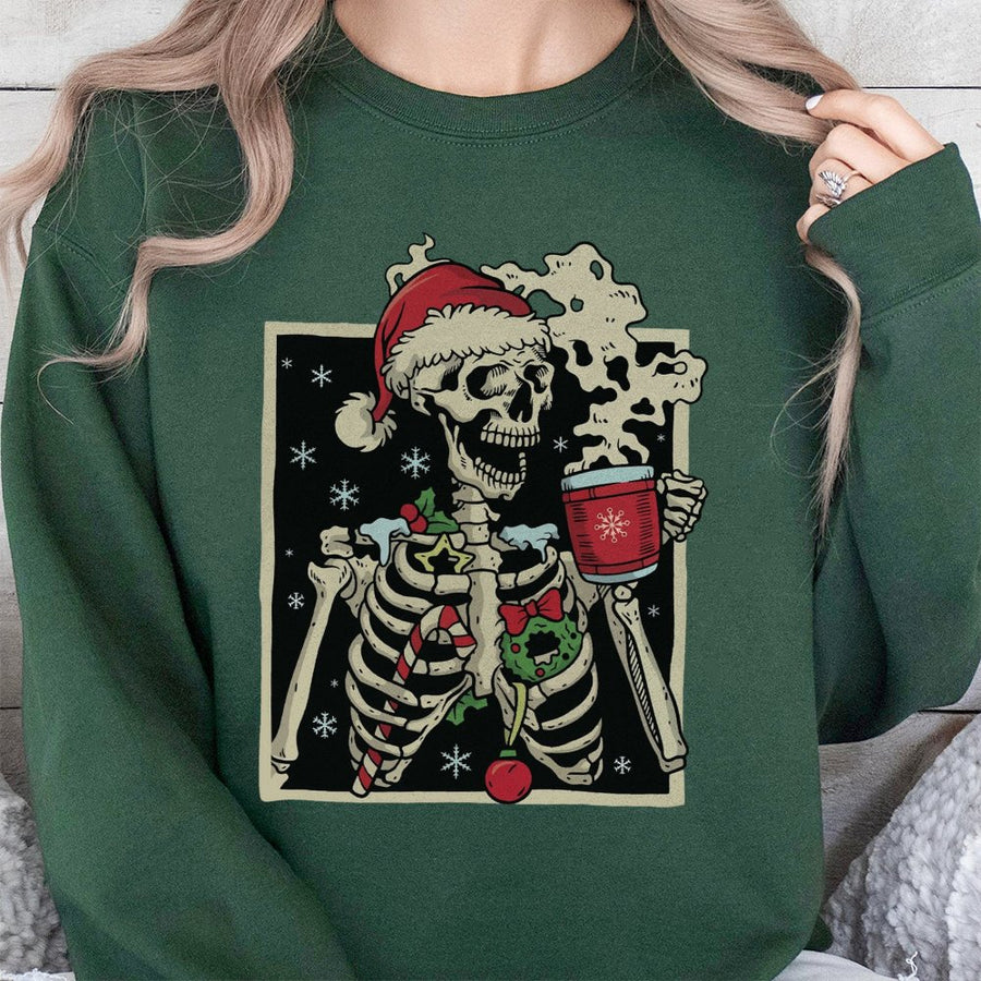 Christmas Skeleton Sweatshirt | Funny Dead Inside Coffee Graphic | Premium Cotton Blend Crewneck | Holiday Gift For Coffee Lovers