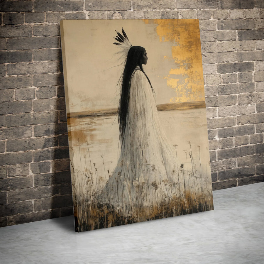 Native American Woman Portrait Canvas | Elegant Gold Leaf Aesthetic Art | Gallery-Quality 1.25-Inch Profile | Premium Wall Decor Gift