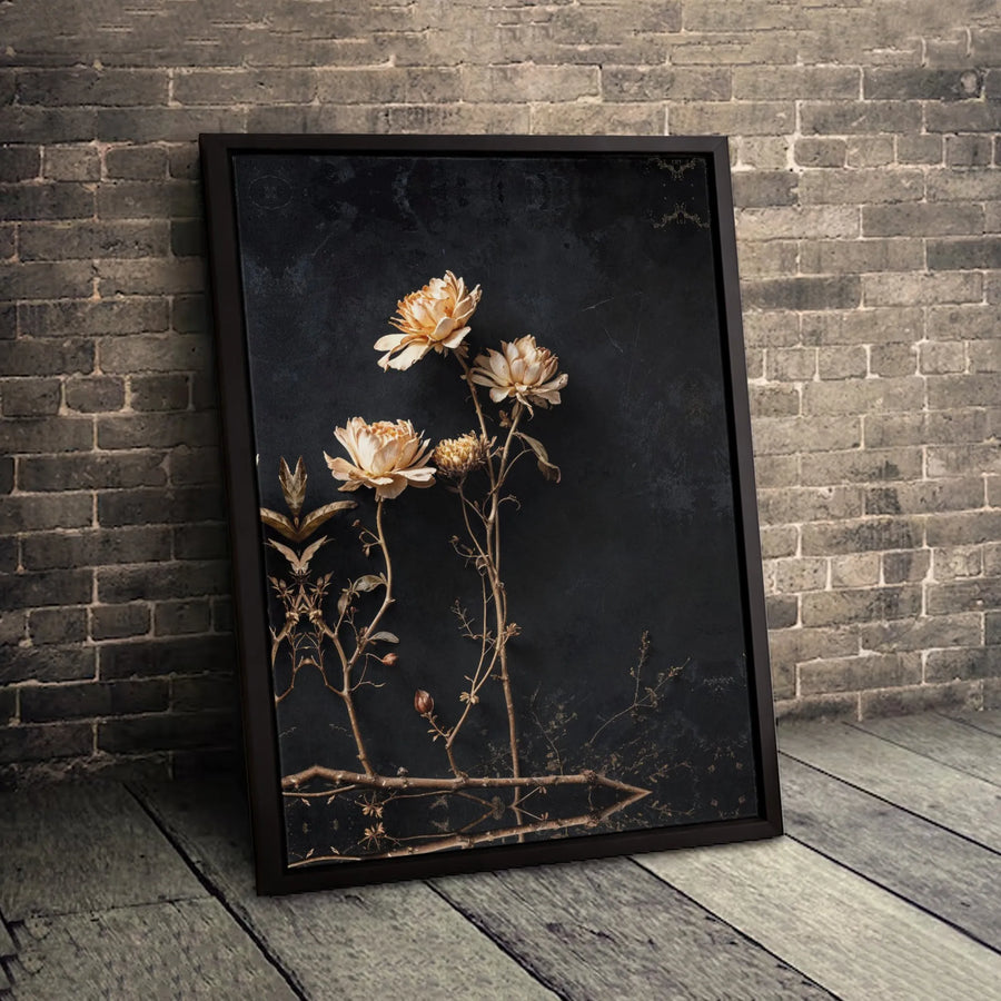 Gilded Dried Flower Wall Art | Moody Black Botanical Canvas Print | Premium Gallery-Wrapped Decor | Elegant Floral Gift for Living Room