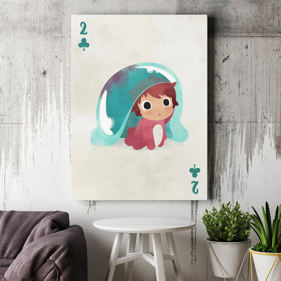 Cute Playing Card Canvas Art | 2 of Clubs Whimsical Character Illustration | Premium Gallery Wrapped Wall Decor | Unique Gift for Card Game Enthusiasts