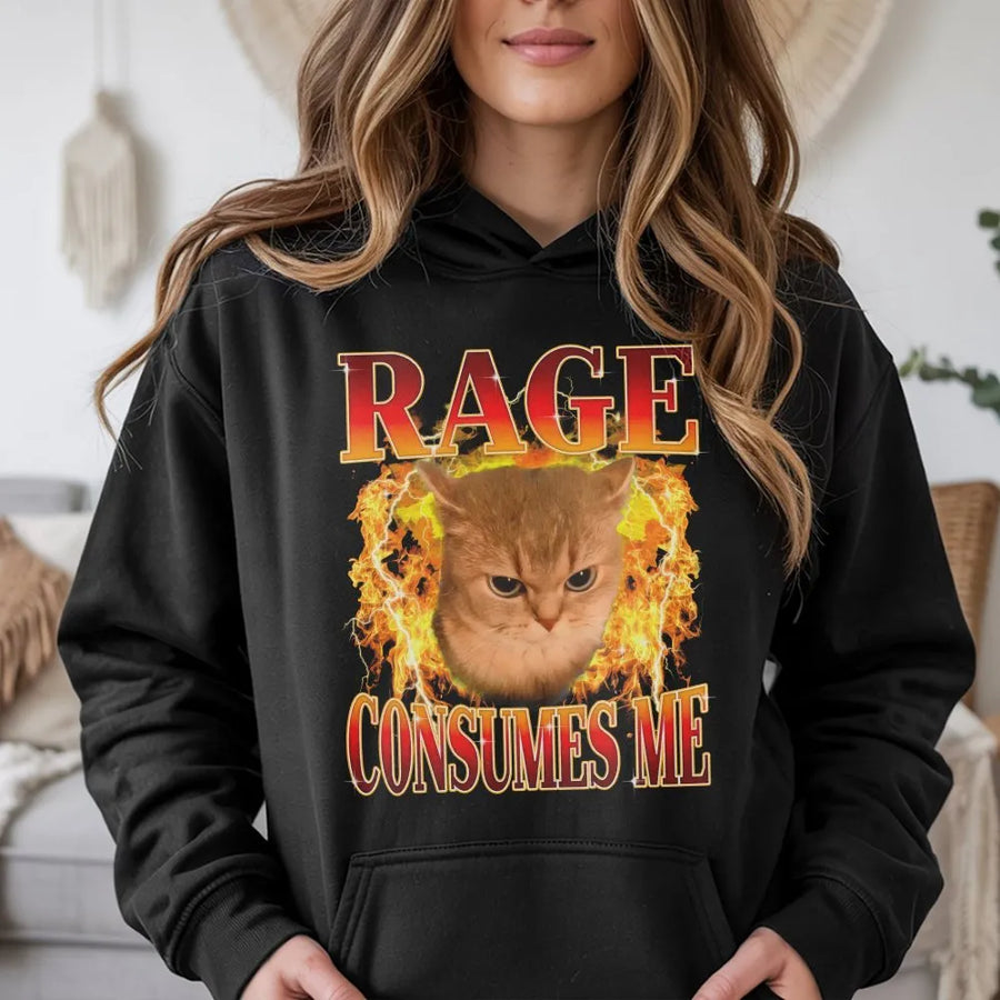Angry Cat Fire Hoodie | Rage Consumes Me Graphic Meme | Cotton-Blend Premium Apparel | Funny Edgy Gift For Cat Lovers And Gen Z Aesthetic