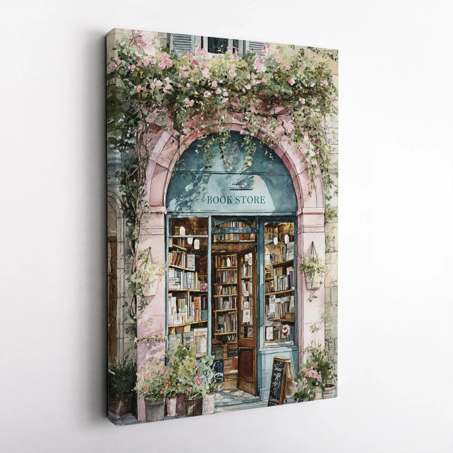 Bookstore Wall Art | Quaint Floral Watercolor Print | Premium Gallery Wrap Canvas | Romantic Parisian Street Decor Gift for Book Lovers