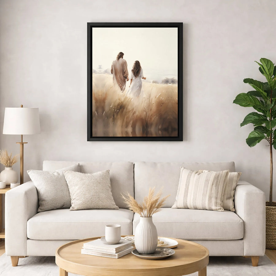 Jesus Walking With Girl Canvas Art | Religious Wheat Field Print | Premium 1.25-Inch Gallery Wrap | Christian Home Decor Gift
