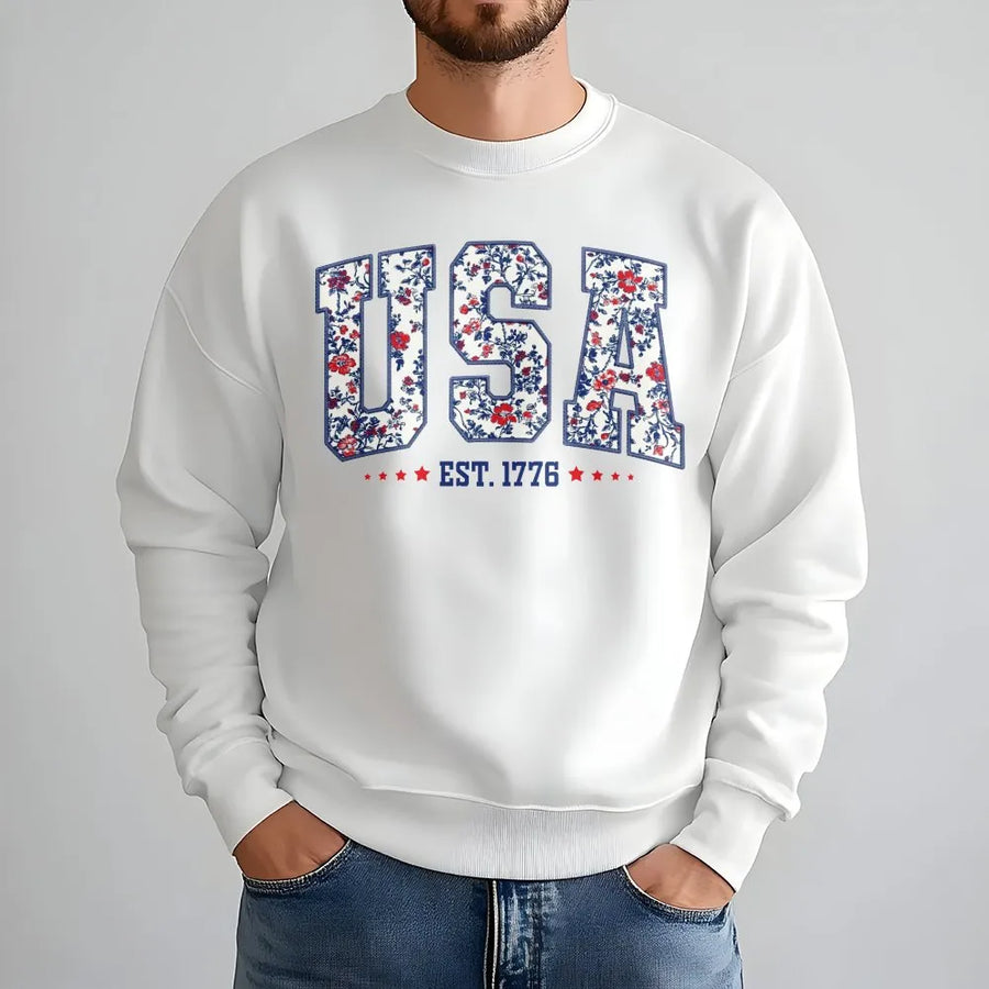 USA Floral Sweatshirt | Vintage Patriotic 1776 Design | Premium Cotton Blend | Fourth of July Gift for Women and Men