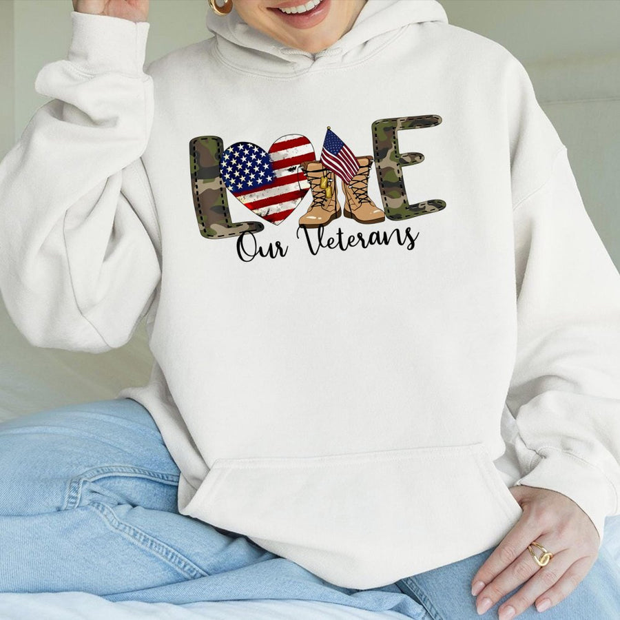Love Our Veterans Hoodie | Patriotic American Flag Military Boots Design | Premium Cotton Blend | Unisex Military Support Gift For Him & Her
