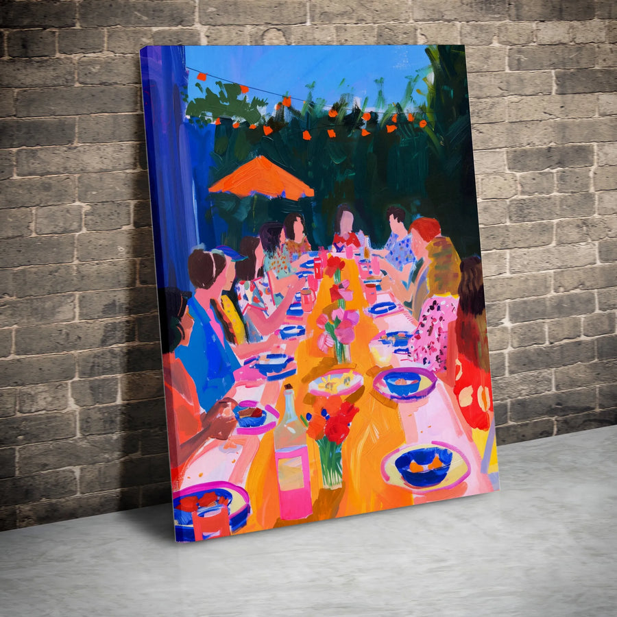 Colorful Dinner Party Vertical Canvas | Vibrant Abstract Friends Dining Scene | Premium Thick Gallery Canvas | Modern Home Decor Gift