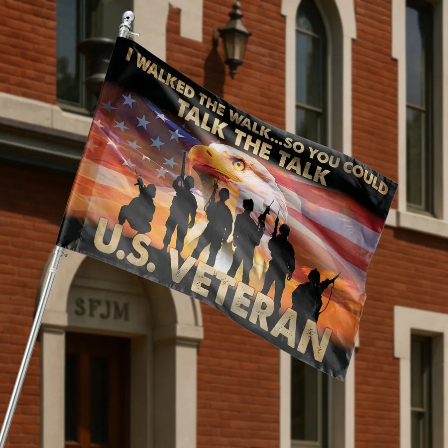 US Veteran House Flag | I Walked The Walk Soldier Silhouette | Double Sided Weather Resistant Fabric | Patriotic Home Decor Gift for Military Veteran