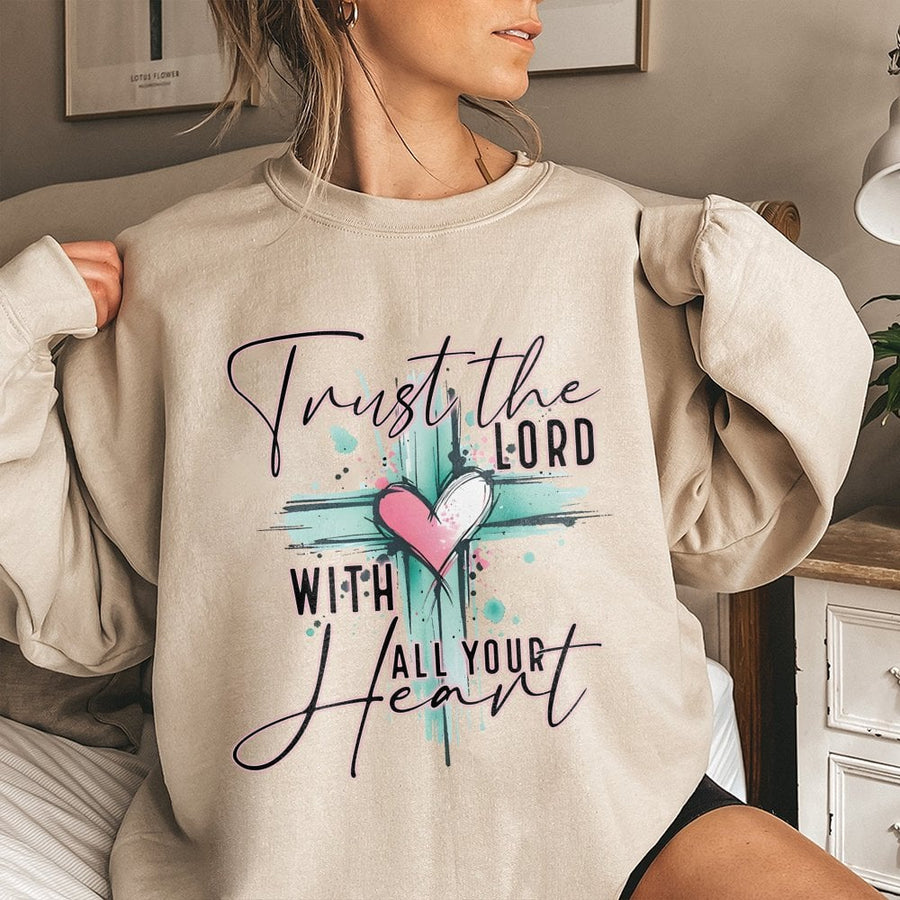 Trust The Lord With All Your Heart Sweatshirt | Watercolor Cross Design | Premium Cotton-Poly Blend | Religious Christian Gift For Her
