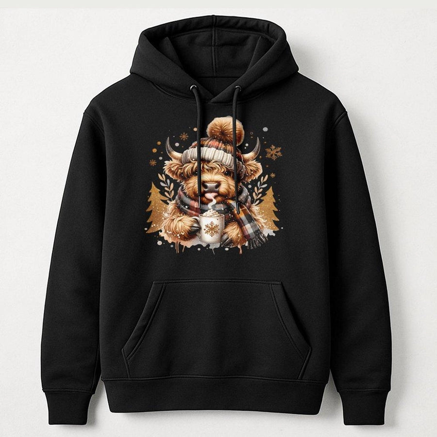 Highland Cow Christmas Hoodie | Festive Winter Animal Graphic Design | Premium Cotton-Blend Pullover | Cozy Gift for Cow Lovers