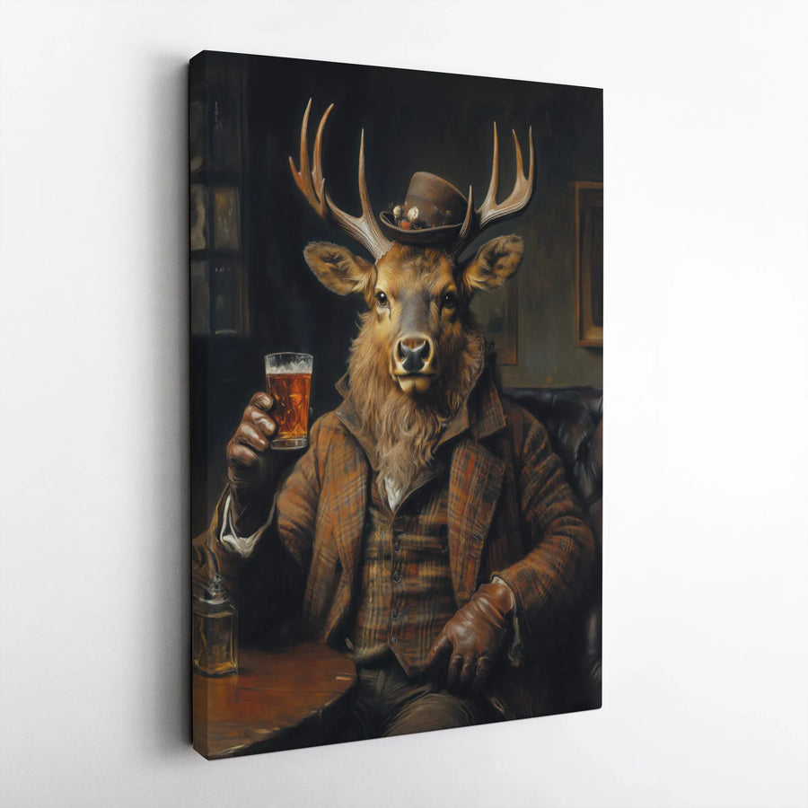 Gentleman Stag Canvas Print | Anthropomorphic Deer Drinking Beer Wall Art | 1.25-Inch Gallery Wrap Decor | Rustic Man Cave Home Gift
