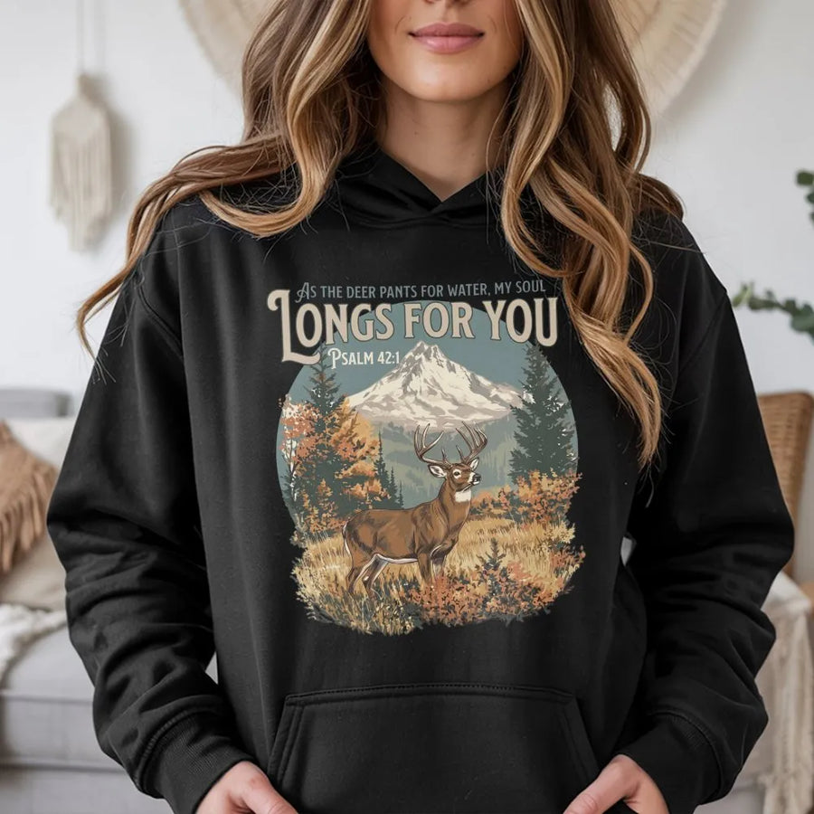 Psalm 42 Christian Hoodie | Vintage Deer & Mountain Graphic | Cozy Cotton Blend | Inspirational Faith Gift for Believers