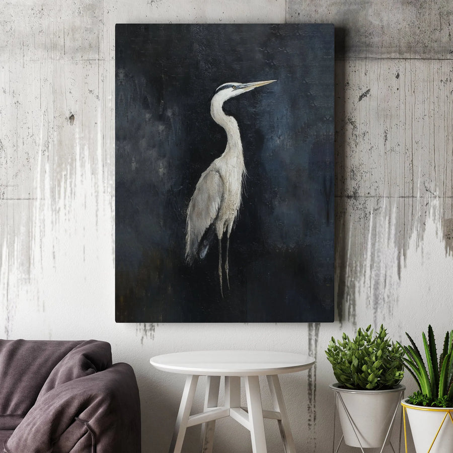 Great Blue Heron Wall Art | Moody Minimalist Bird Painting | Premium Fade-Resistant Canvas | Modern Nature Home Decor Gift