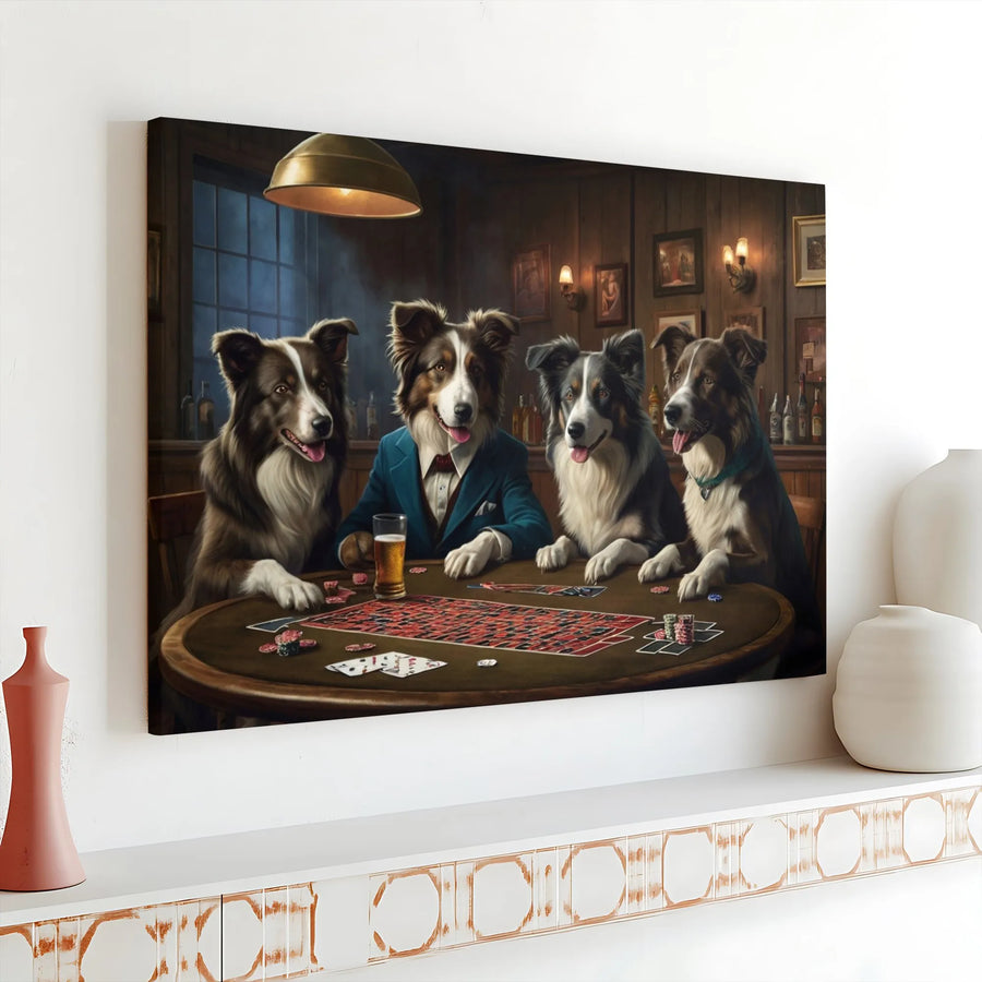 Border Collies Playing Poker Canvas Wall Art | Funny Dog Drinking Beer Print | Premium Gallery Wrapped Decor | Unique Gift for Dog Lovers