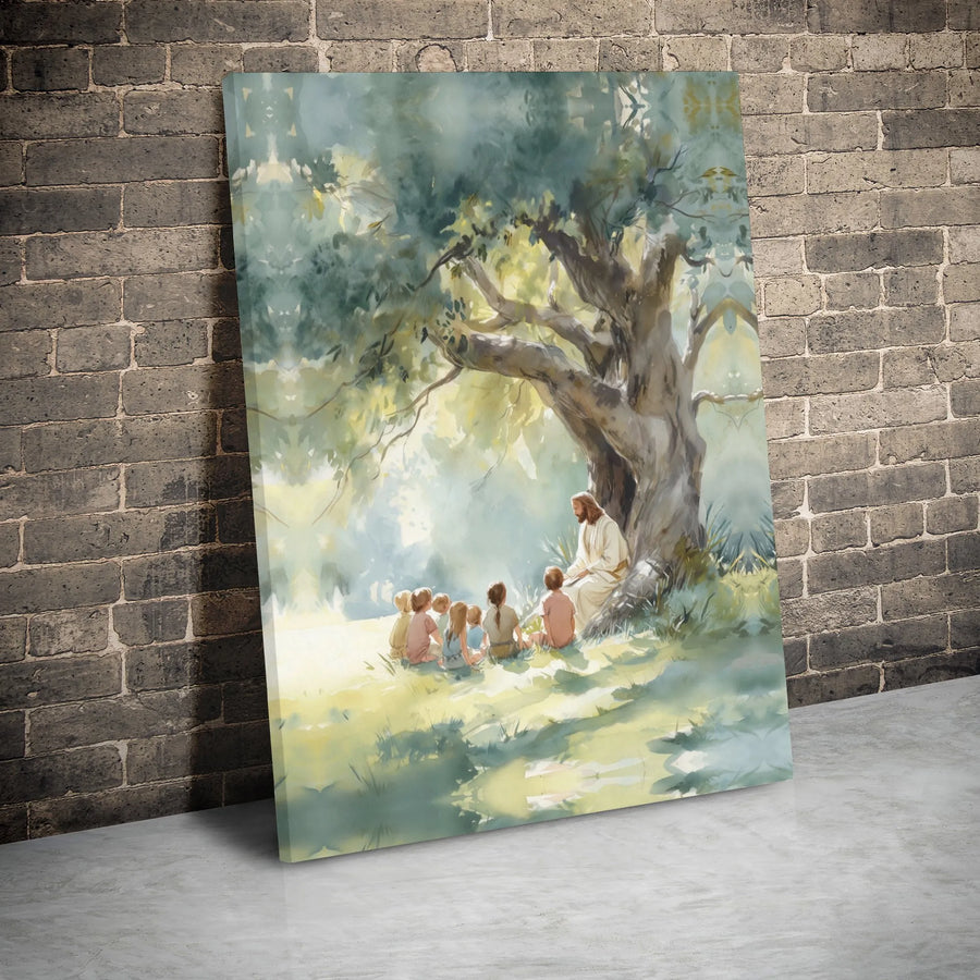 Jesus Teaching Children Canvas Wall Art | Watercolor Religious Portrait | 1.25 Inch Gallery Wrap | Christian Home Decor Gift