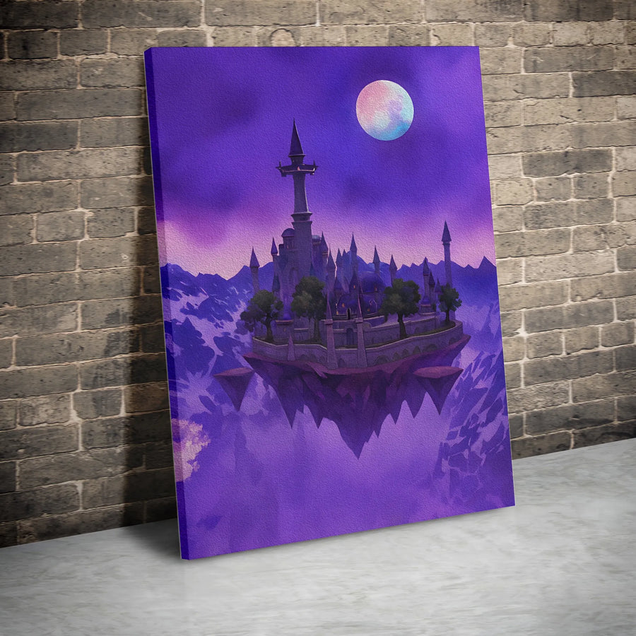 Floating Fantasy Castle Wall Art | Ethereal Purple Moonscape | Premium Gallery Wrap Canvas | Magical Bedroom Decor Gift